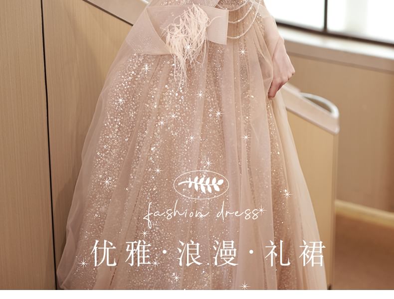 Sleeveless Off-Shoulder Fringed Sequin Mesh A-Line Evening Gown FashionChic