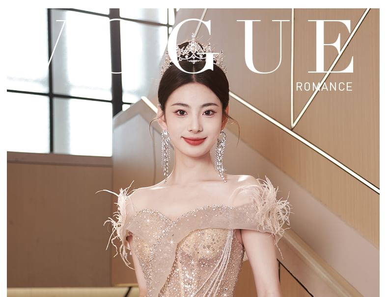 Sleeveless Off-Shoulder Fringed Sequin Mesh A-Line Evening Gown FashionChic