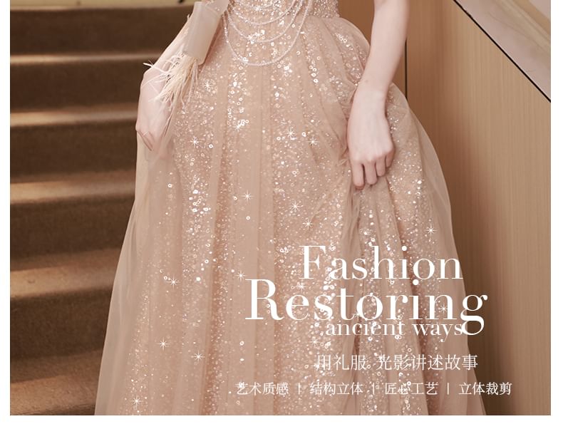 Sleeveless Off-Shoulder Fringed Sequin Mesh A-Line Evening Gown FashionChic