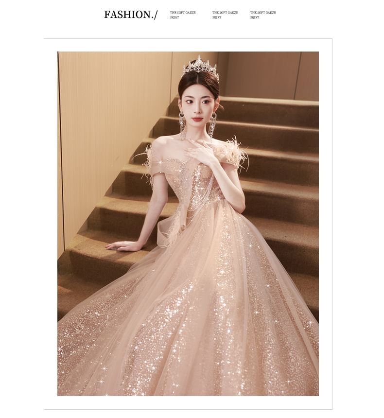 Sleeveless Off-Shoulder Fringed Sequin Mesh A-Line Evening Gown FashionChic