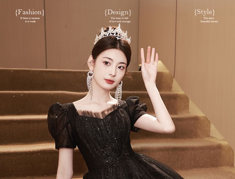 Short-Sleeve Plain Sequin A-Line Evening Gown FashionChic