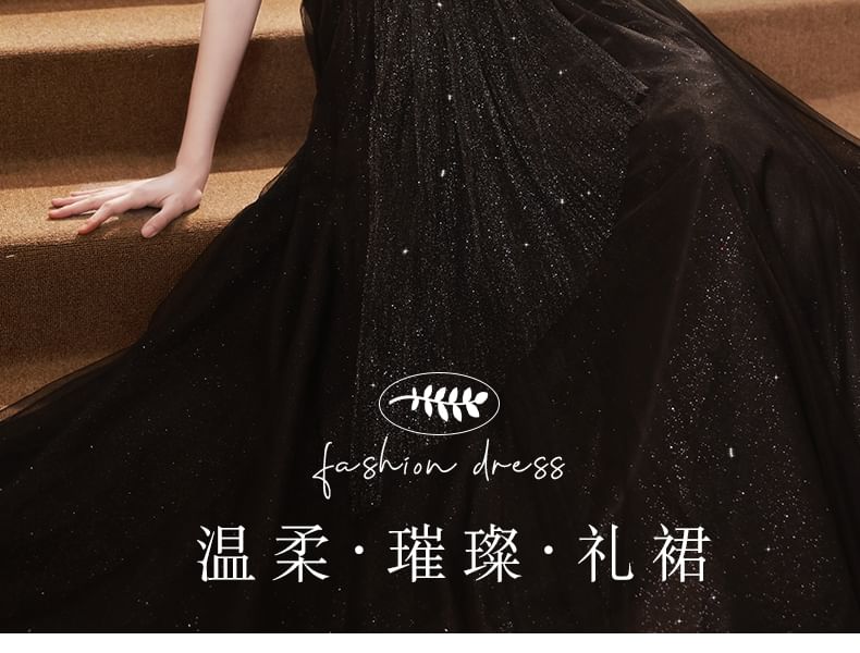Short-Sleeve Plain Sequin A-Line Evening Gown FashionChic
