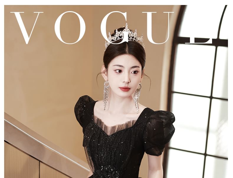 Short-Sleeve Plain Sequin A-Line Evening Gown FashionChic