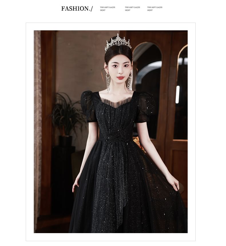 Short-Sleeve Plain Sequin A-Line Evening Gown FashionChic