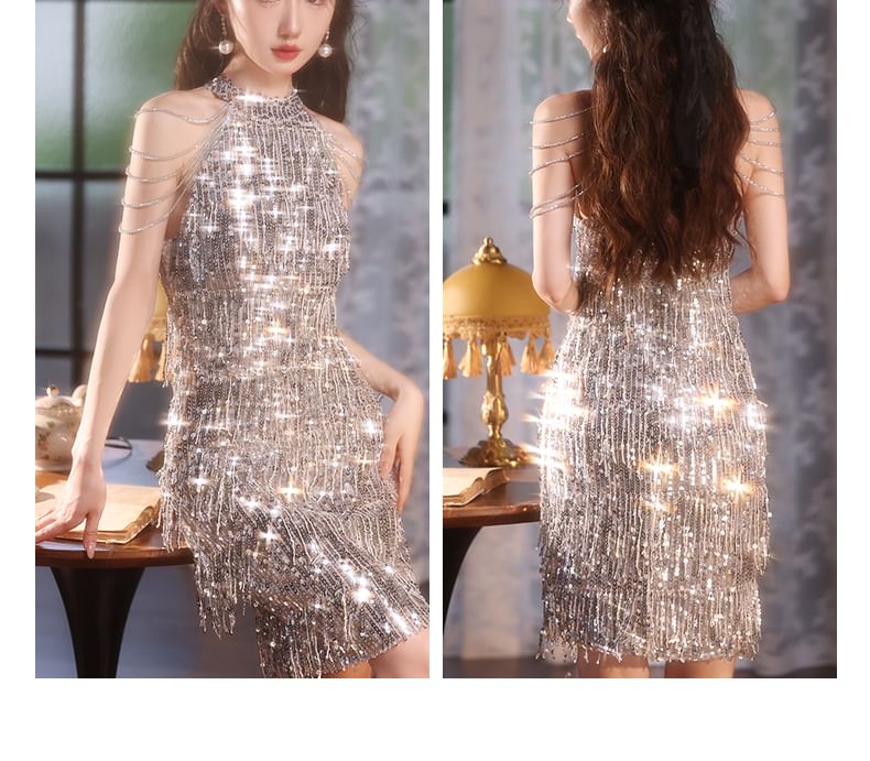 Halter Fringed Sequin Sheath Cocktail Dress SpreePicky