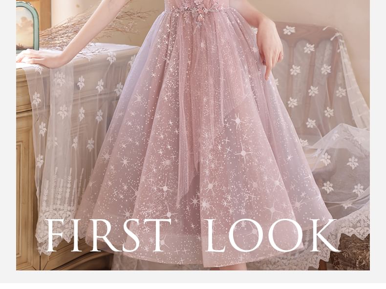 Short-Sleeve Sequin Mesh Midi A-Line Cocktail Dress FashionChic