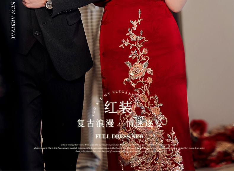 Short-Sleeve Slit Sequin Midi Chinese Wedding Qipao Dress SpreePicky