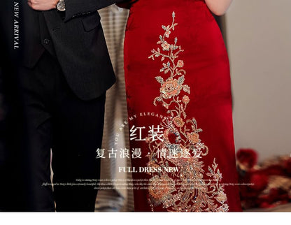 Short-Sleeve Slit Sequin Midi Chinese Wedding Qipao Dress SpreePicky