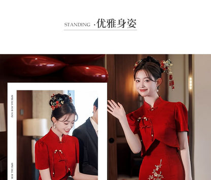 Short-Sleeve Slit Sequin Midi Chinese Wedding Qipao Dress SpreePicky