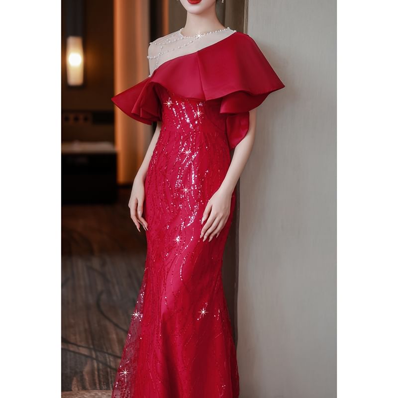 Short-Sleeve Ruffle Trim Beaded Sequin Mermaid Evening Gown FashionChic