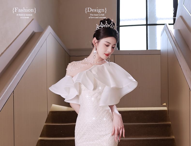 Short-Sleeve Ruffle Trim Beaded Sequin Mermaid Evening Gown FashionChic