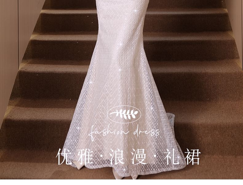 Short-Sleeve Ruffle Trim Beaded Sequin Mermaid Evening Gown FashionChic