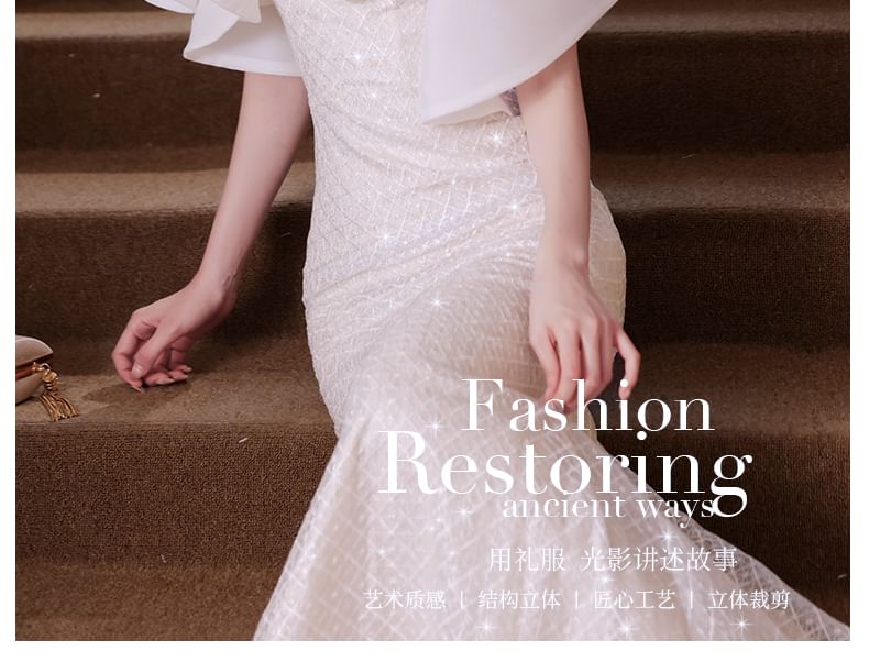 Short-Sleeve Ruffle Trim Beaded Sequin Mermaid Evening Gown FashionChic