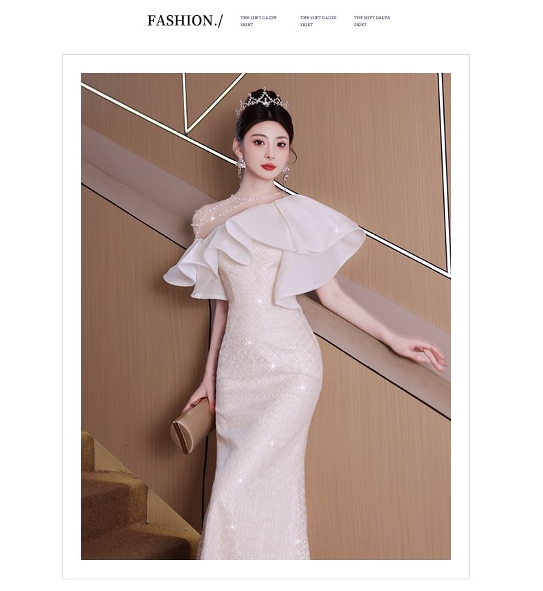 Short-Sleeve Ruffle Trim Beaded Sequin Mermaid Evening Gown FashionChic