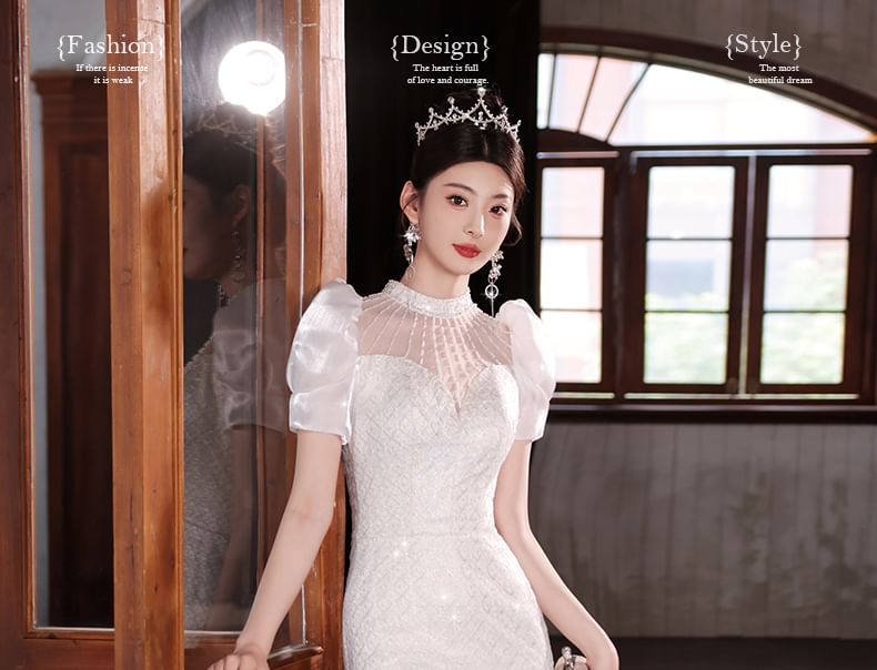 Short-Sleeve Beaded Sequin Mermaid Wedding Gown FashionChic