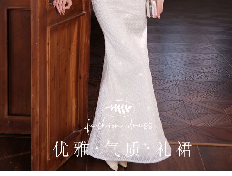 Short-Sleeve Beaded Sequin Mermaid Wedding Gown FashionChic