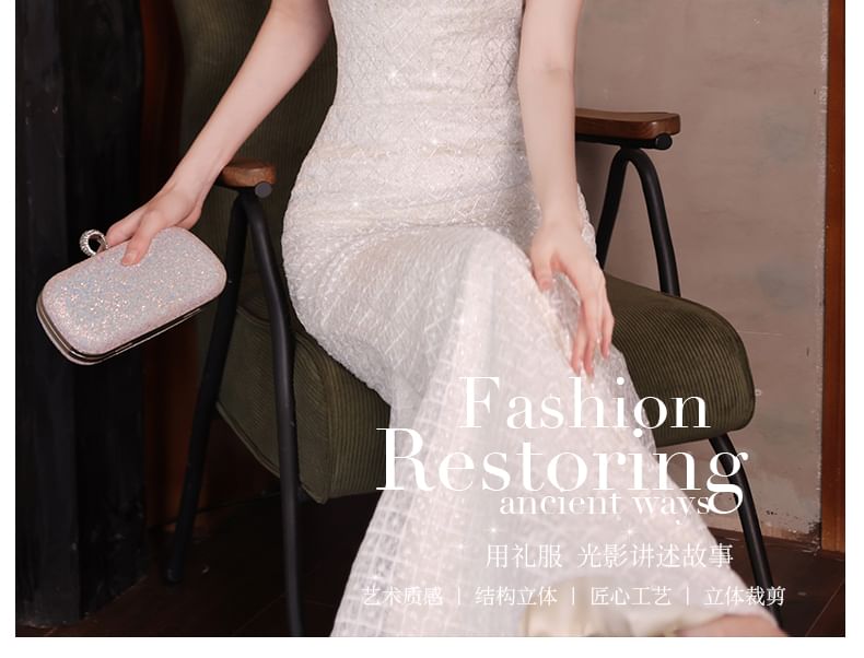 Short-Sleeve Beaded Sequin Mermaid Wedding Gown FashionChic