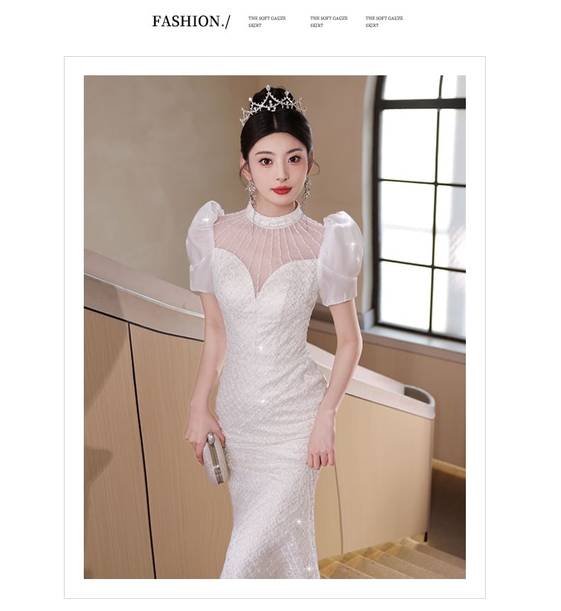 Short-Sleeve Beaded Sequin Mermaid Wedding Gown FashionChic