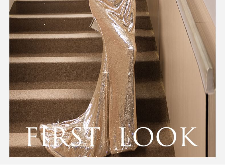 Cap-Sleeve Off-Shoulder Sequin Sheath Evening Gown FashionChic