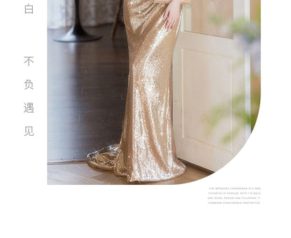 Cap-Sleeve Off-Shoulder Sequin Sheath Evening Gown SpreePicky