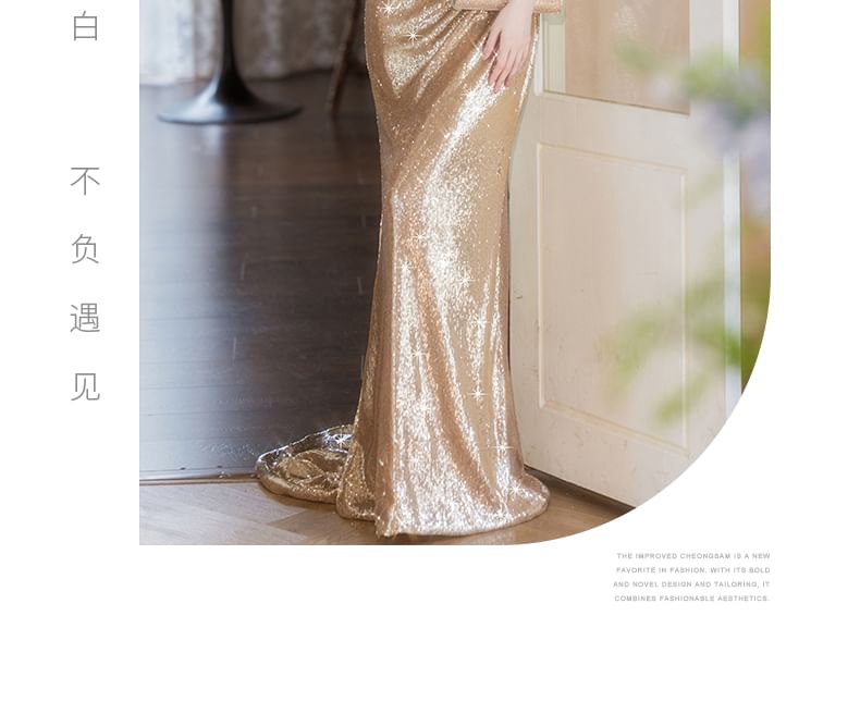 Cap-Sleeve Off-Shoulder Sequin Sheath Evening Gown FashionChic