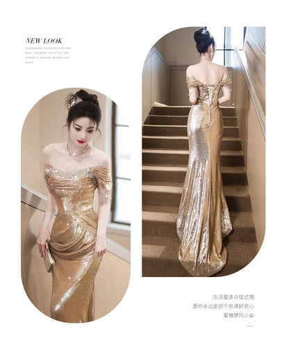 Cap-Sleeve Off-Shoulder Sequin Sheath Evening Gown SpreePicky