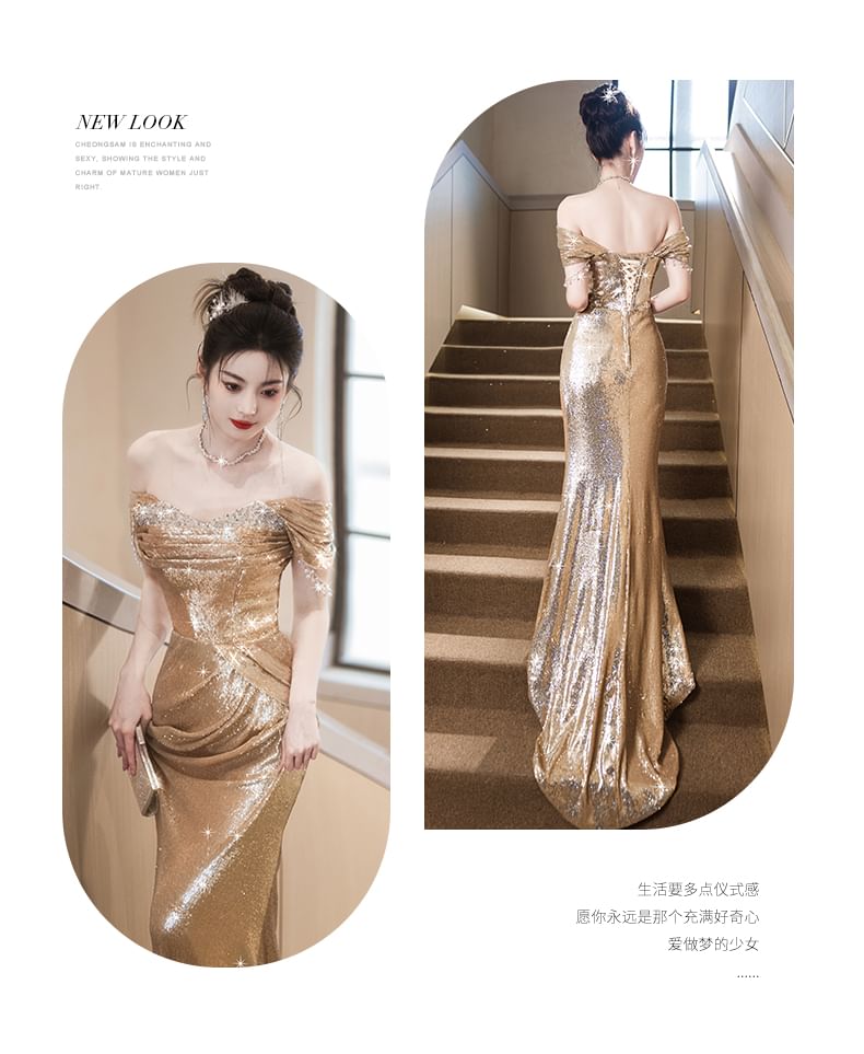 Cap-Sleeve Off-Shoulder Sequin Sheath Evening Gown FashionChic