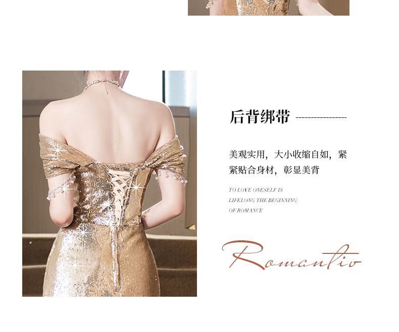 Cap-Sleeve Off-Shoulder Sequin Sheath Evening Gown FashionChic