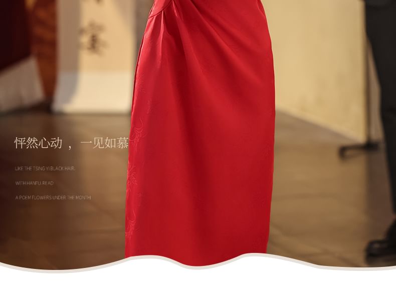 Cap-Sleeve Jacquard Beaded Tassel Midi Chinese Wedding Qipao Dress FashionChic