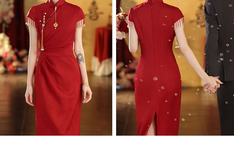 Cap-Sleeve Jacquard Beaded Tassel Midi Chinese Wedding Qipao Dress FashionChic