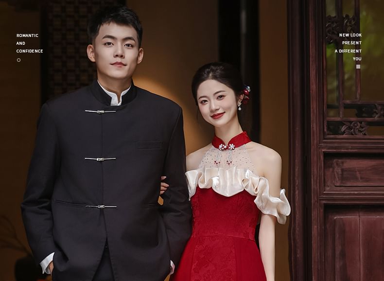 Halter Mandarin Collar Cold-Shoulder Asymmetrical A-Line Evening Dress FashionChic