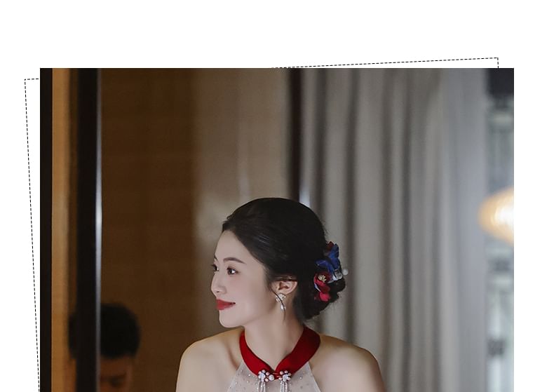 Halter Mandarin Collar Cold-Shoulder Asymmetrical A-Line Evening Dress FashionChic