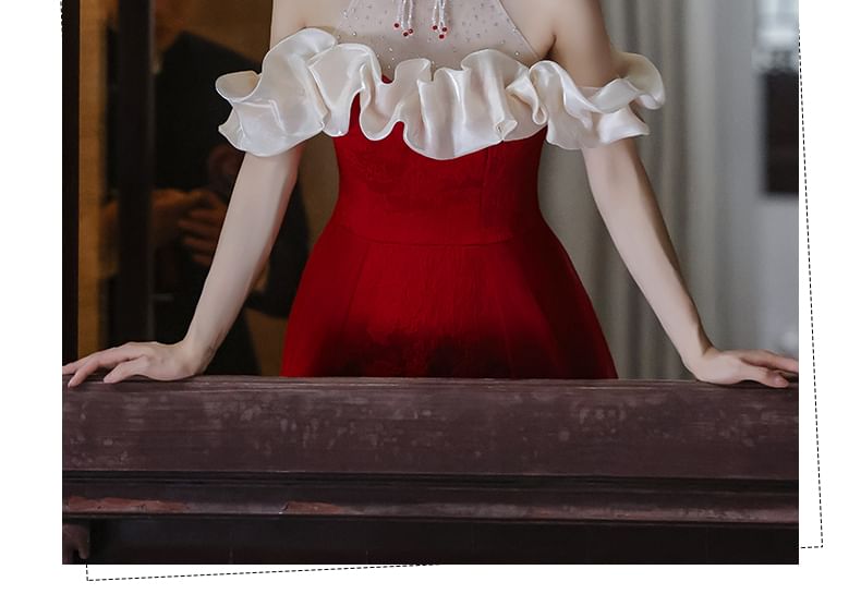 Halter Mandarin Collar Cold-Shoulder Asymmetrical A-Line Evening Dress FashionChic