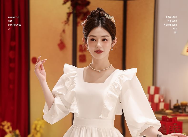 3/4-Sleeve Square Neck Plain Ruffle Trim Midi A-Line Cocktail Dress FashionChic