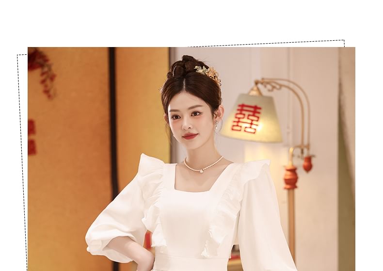 3/4-Sleeve Square Neck Plain Ruffle Trim Midi A-Line Cocktail Dress FashionChic