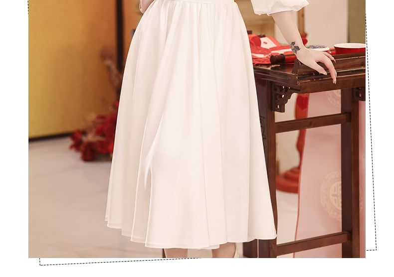 3/4-Sleeve Square Neck Plain Ruffle Trim Midi A-Line Cocktail Dress FashionChic