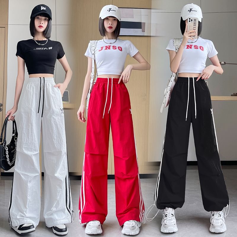 High Rise Bow Print Striped Loose-Fit Wide-Leg Sweatpants SpreePicky