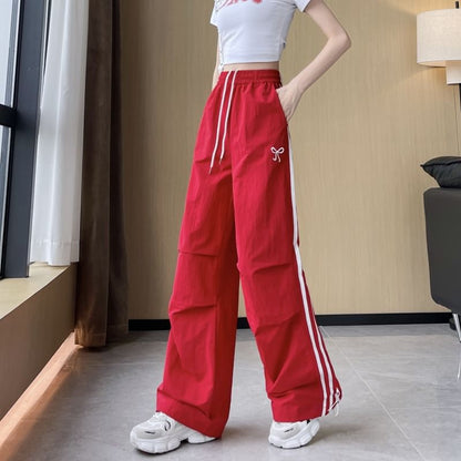 High Rise Bow Print Striped Loose-Fit Wide-Leg Sweatpants SpreePicky