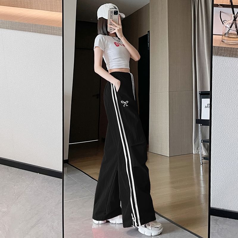 High Rise Bow Print Striped Loose-Fit Wide-Leg Sweatpants SpreePicky