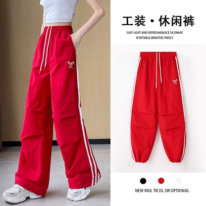 High Rise Bow Print Striped Loose-Fit Wide-Leg Sweatpants SpreePicky