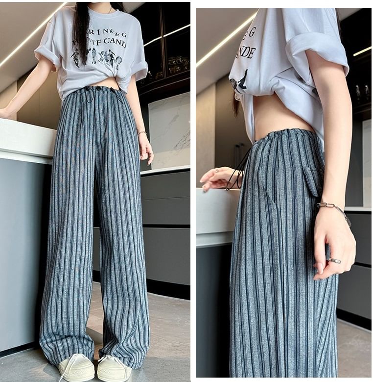 Stripe High Rise Drawstring Wide Leg Pants SpreePicky