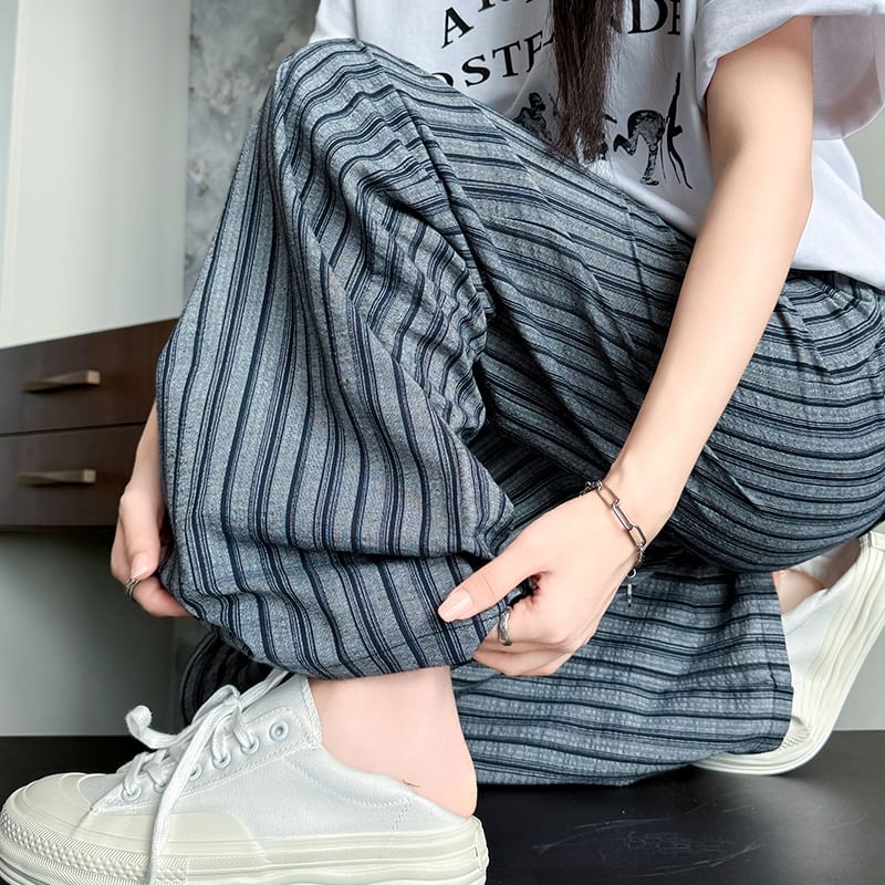 Stripe High Rise Drawstring Wide Leg Pants SpreePicky