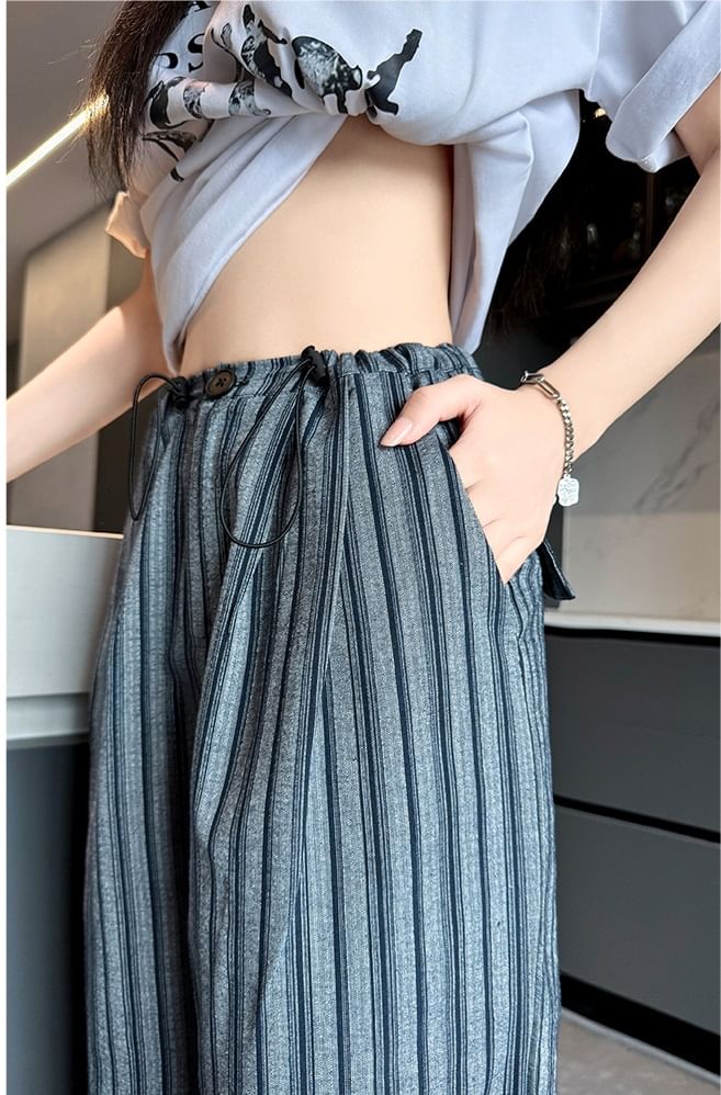 Stripe High Rise Drawstring Wide Leg Pants SpreePicky