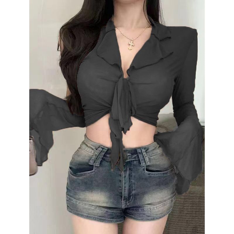 Flared-Sleeve Plain Lace-Up Cropped Blouse SpreePicky