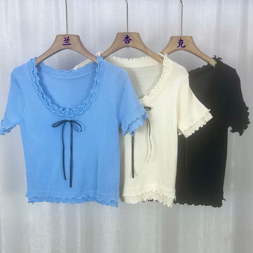 Short-Sleeve Scoop Neck Plain Bow Tee SpreePicky