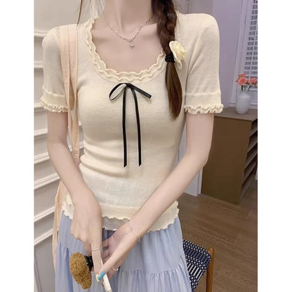 Short-Sleeve Scoop Neck Plain Bow Tee SpreePicky