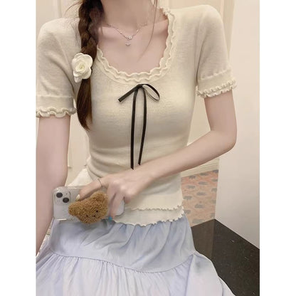 Short-Sleeve Scoop Neck Plain Bow Tee SpreePicky