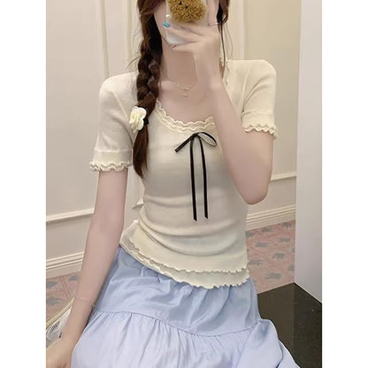 Short-Sleeve Scoop Neck Plain Bow Tee SpreePicky