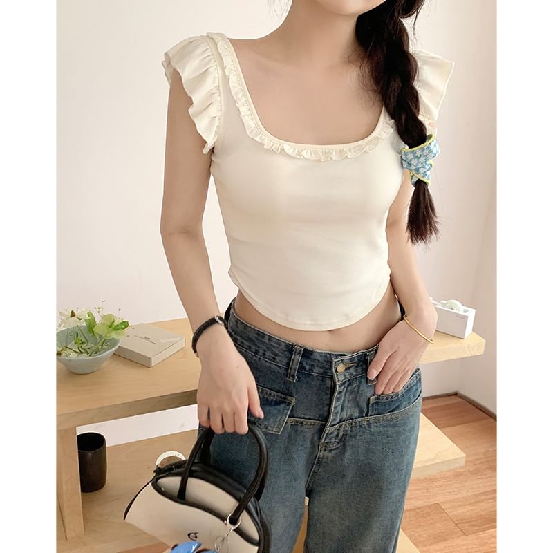 Cap-Sleeve Scoop Neck Plain Ruffle Tee SpreePicky