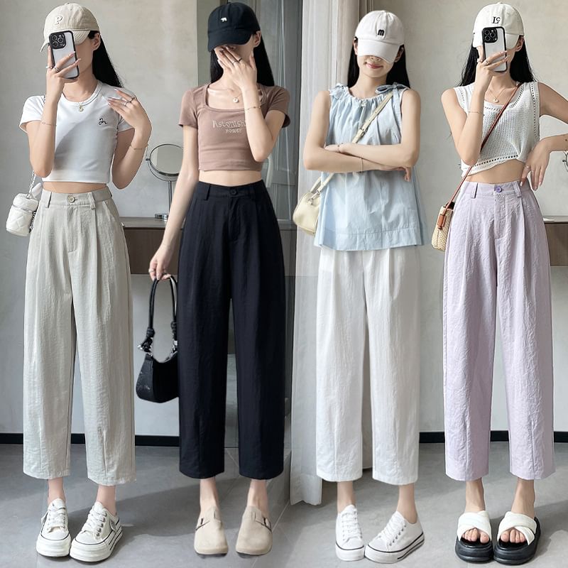 High Rise Plain Cropped Straight Leg Pants SpreePicky